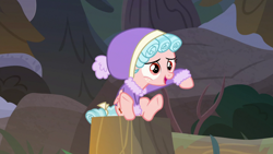 Size: 1920x1080 | Tagged: safe, imported from derpibooru, screencap, cozy glow, pegasus, pony, frenemies (episode), clothes, female, filly, foal, forest, hat, solo, tree stump, winter outfit
