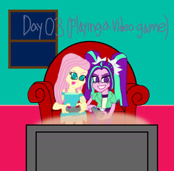 Size: 2000x1969 | Tagged: safe, artist:bigpurplemuppet99, imported from derpibooru, aria blaze, fluttershy, equestria girls, 30 day otp challenge, ariashy, female, flutterblaze, lesbian, shipping, tongue out