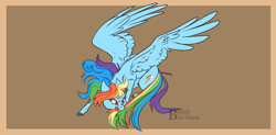 Size: 1600x786 | Tagged: safe, artist:bbru4r, imported from derpibooru, rainbow dash, pegasus, pony, behaving like a cat, brown background, chasing own tail, cutie mark, female, large wings, mare, narrowed eyes, simple background, solo, spread wings, tail bite, wings