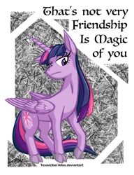 Size: 720x937 | Tagged: safe, artist:texasuberalles, imported from derpibooru, twilight sparkle, alicorn, pony, cloven hooves, colored hooves, female, friendship, head turn, mare, reaction image, solo, title drop, turned head, twilight is not amused, twilight sparkle (alicorn), twilight sparkle is not amused, unamused