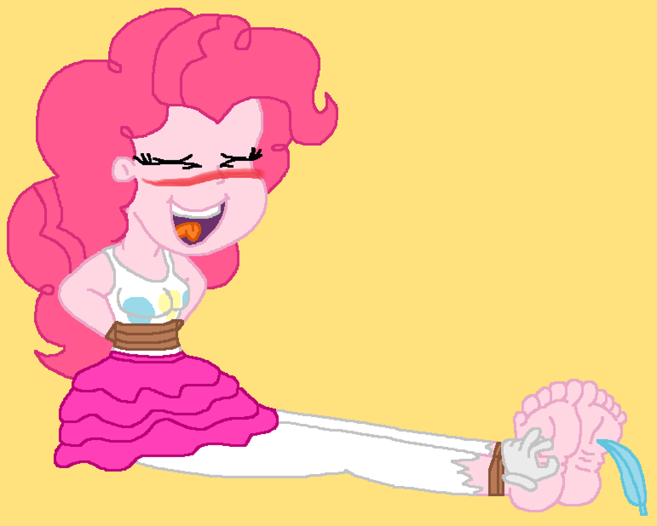 2116113 - safe, pinkie pie, female, clothes, equestria girls, blushing,  eyes closed, fetish, feet, skirt, bondage, equestria girls series,  barefoot, rope, laughing, foot fetish, tanktop, toes, tied up, feather,  tickling, soles, pantyhose,