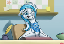 Size: 1920x1344 | Tagged: safe, artist:wwredgrave, imported from derpibooru, oc, oc only, oc:snowflake, pony, unicorn, arafat scarf, awkward smile, clothes, ear piercing, earring, female, inkwell, jewelry, mare, piercing, quill pen, ring, scarf, shemagh, smiling, solo, unshorn fetlocks