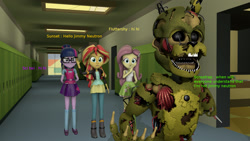 Size: 1920x1080 | Tagged: safe, artist:fazbearsparkle, imported from derpibooru, fluttershy, sci-twi, sunset shimmer, twilight sparkle, equestria girls, 3d, afton, animatronic, canterlot high, dialogue, five nights at freddy's, freddy fazbear's pizzeria simulator, jimmy neutron, mockery, scraptrap, source filmmaker, william afton