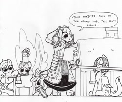 Size: 1634x1360 | Tagged: safe, artist:kuroneko, derpibooru exclusive, imported from derpibooru, apple bloom, derpy hooves, scootaloo, sweetie belle, argonian, earth pony, pegasus, pony, unicorn, armor, backpack, crossover, cutie mark crusaders, female, filly, gauntlet, hammer, helmet, monochrome, morrowind, mouth hold, spear, sword, the elder scrolls, traditional art, tree, weapon
