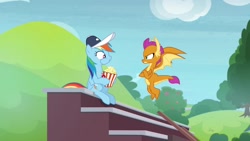 Size: 1920x1080 | Tagged: safe, imported from derpibooru, screencap, rainbow dash, smolder, dragon, pony, 2 4 6 greaaat, cap, coach rainbow dash, food, hat, popcorn