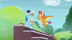 Size: 1920x1080 | Tagged: safe, imported from derpibooru, screencap, rainbow dash, smolder, dragon, pony, 2 4 6 greaaat, cap, coach rainbow dash, food, hat, popcorn