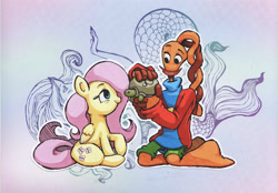 Size: 1433x1000 | Tagged: safe, artist:gweniala, artist:sketchbookoap, imported from derpibooru, fluttershy, oc, pony, turtle, collaboration, colored, cute, non-mlp oc, non-pony oc, plekti, smiling, the neverhood