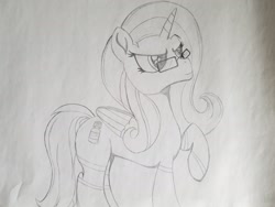 Size: 2016x1512 | Tagged: safe, artist:straighttothepointstudio, imported from derpibooru, oc, oc only, oc:pepto, alicorn, pony, black and white, determined, drawing, glasses, grayscale, monochrome, solo, traditional art