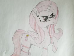Size: 2016x1512 | Tagged: safe, alternate version, artist:straighttothepointstudio, imported from derpibooru, oc, oc only, oc:pepto, alicorn, pony, colored, determined, drawing, glasses, solo, traditional art