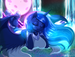 Size: 1580x1185 | Tagged: safe, artist:suirano, imported from derpibooru, princess luna, alicorn, anthro, unguligrade anthro, breasts, busty princess luna, cute, dream, eyes closed, female, hoof shoes, luminescent, luna's dream, lunabetes, smiling, solo, surreal, sweet dreams fuel