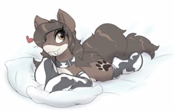 Size: 4096x2625 | Tagged: safe, artist:helixjack, imported from derpibooru, oc, oc only, pony, clothes, collar, fangs, heart, latex, latex socks, paw prints, pillow, prone, socks, solo