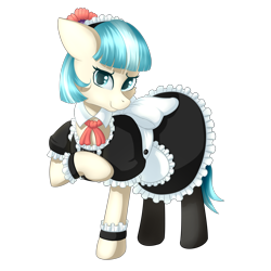 Size: 2000x2000 | Tagged: safe, artist:ray-frost, imported from derpibooru, coco pommel, earth pony, pony, clothes, cuffs (clothes), dress, female, maid, mare, raised hoof, simple background, transparent background