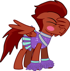 Size: 3550x3615 | Tagged: safe, artist:feathertrap, deleted from derpibooru, imported from derpibooru, oc, oc only, oc:ace, pegasus, pony, blushing, cheerleader, cheerleader outfit, clothes, crossdressing, embarrassed, facewing, male, pleated skirt, pom pom, simple background, skirt, solo, stallion, transparent background, vector, wing hands, wings