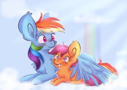 Size: 1058x755 | Tagged: safe, artist:compassrose0425, artist:inkwellartz, imported from derpibooru, rainbow dash, scootaloo, pegasus, pony, sleepless in ponyville, blushing, cloud, hug, rainbow, scootalove, winghug