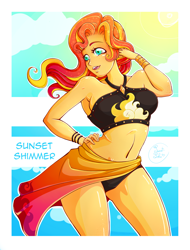 Size: 1822x2394 | Tagged: safe, artist:sweet-lola, imported from derpibooru, sunset shimmer, equestria girls, equestria girls series, belly button, bikini, clothes, female, hand on hip, sarong, solo, swimsuit