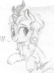 Size: 294x396 | Tagged: safe, artist:pucksterv, imported from derpibooru, autumn blaze, kirin, bronycon, bronycon 2019, bust, dialogue, female, grayscale, heart, hi, monochrome, sketch, sketchbook, solo