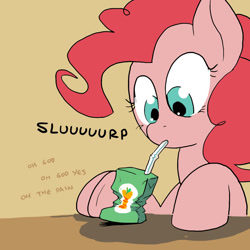 Size: 800x800 | Tagged: safe, artist:askthejuicebox, artist:docwario, imported from derpibooru, pinkie pie, oc, oc:juice box, earth pony, pony, apple juice, drinking, dying, implied death, juice, juice box, masochism, pain