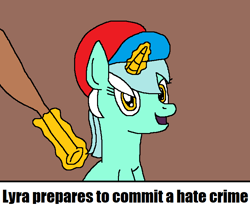 Size: 742x628 | Tagged: safe, artist:logan jones, imported from derpibooru, lyra heartstrings, pony, unicorn, baseball bat, baseball cap, bertstrips, cap, female, hat, hate crime, levitation, magic, meme, ponestrip, ponified meme, reaction image, sesame street, telekinesis