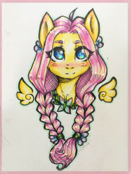 Size: 2976x3968 | Tagged: safe, artist:zefirka, imported from derpibooru, fluttershy, pegasus, pony, alternate hairstyle, blushing, braid, bust, eye clipping through hair, female, floating wings, flower, flower in hair, front view, full face view, looking at you, mare, portrait, smiling, solo, traditional art, twin braids, wings