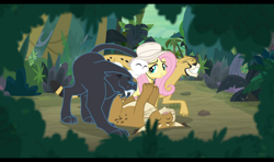 Size: 1428x846 | Tagged: safe, imported from derpibooru, screencap, fluttershy, big cat, cat, cheetah, leopard, lynx, panther, pegasus, pony, daring doubt, ahuizotl's cats, animal, black bars, cuddle puddle, cuddling, eyes closed, female, hat, jungle, kitten, mare, nuzzling, pony pile