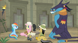 Size: 1920x1079 | Tagged: safe, imported from derpibooru, screencap, ahuizotl, daring do, doctor caballeron, fluttershy, rainbow dash, ahuizotl (species), earth pony, pegasus, pony, daring doubt, ahuidorable, butt, cute, female, hat, male, mare, pith helmet, plot, saddle bag, stallion, torch