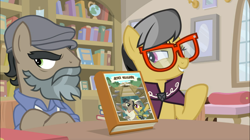 Size: 1920x1079 | Tagged: safe, imported from derpibooru, screencap, a.k. yearling, doctor caballeron, earth pony, pegasus, pony, daring doubt, book, book signing, bookstore, disguise, duo, fake beard, female, flat cap, george r.r. martin, groom q.q. martingale, hat, lidded eyes, male, mare, raised hoof, smiling, stallion