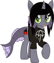 Size: 755x882 | Tagged: safe, artist:lightningbolt, derpibooru exclusive, imported from derpibooru, half-siren, pony, .svg available, clothes, colored pupils, curved horn, fangs, fins, fish tail, happy, horn, jewelry, kellin quinn, looking at you, male, movie accurate, necklace, ponified, raised hoof, scales, shirt, simple background, sleeping with sirens, slit eyes, slit pupils, smiling, solo, stallion, svg, t-shirt, tongue out, transparent background, vector