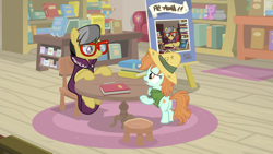 Size: 1920x1080 | Tagged: safe, imported from derpibooru, screencap, a.k. yearling, peach fuzz, earth pony, pegasus, pony, daring doubt, book, chair, female, filly, glasses, hat, library, pencil, poster, table, toy