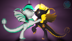 Size: 3840x2160 | Tagged: safe, artist:technickarts, imported from derpibooru, oc, oc:archie cloud, oc:phoenix stardash, alicorn, dracony, hybrid, 3d, alicorn oc, boop, claws, clothes, cute, dracony alicorn, ethereal mane, horns, hug, love, mirror, noseboop, scales, scarf, source filmmaker, spikes, volumetric light, watermark, weapons-grade cute