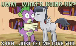 Size: 631x380 | Tagged: safe, artist:pvryohei, edit, editor:undeadponysoldier, imported from derpibooru, rumble, spike, dragon, blushing, book, cheek kiss, colt, crack shipping, cute, daaaaaaaaaaaw, gay, golden oaks library, kiss on the cheek, kissing, male, rumblespike, shipping, spikelove, text