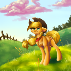 Size: 6000x6000 | Tagged: safe, artist:faline-art, imported from derpibooru, applejack, earth pony, pony, absurd resolution, cowboy hat, cute, female, floppy ears, grass, hat, jackabetes, mare, smiling, solo, stetson