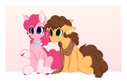 Size: 1560x996 | Tagged: safe, artist:little-sketches, artist:php146, imported from derpibooru, cheese sandwich, pinkie pie, earth pony, pony, alternate design, cheesepie, chest fluff, clothes, cute, ear fluff, female, floppy ears, fluffy, gradient background, jewelry, male, mare, necklace, scarf, shipping, sitting, smiling, stallion, straight