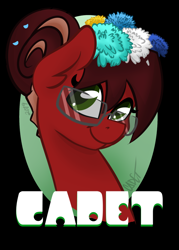 Size: 1500x2100 | Tagged: safe, artist:cadetredshirt, imported from derpibooru, oc, oc only, oc:cadetpone, earth pony, pony, badge, bust, floral head wreath, flower, flower in hair, glasses, looking up, smiling, solo, text