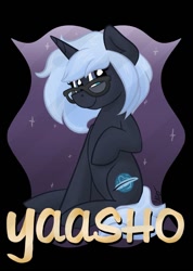 Size: 755x1058 | Tagged: safe, artist:cadetredshirt, imported from derpibooru, oc, oc only, oc:yaasho, pony, unicorn, badge, digital, female, full body, looking at you, smiling, solo, space, text