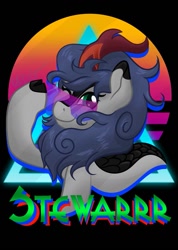 Size: 755x1058 | Tagged: safe, artist:cadetredshirt, imported from derpibooru, oc, oc only, kirin, pony, badge, glasses, kirin oc, looking at you, smiling, solo, text, vaporwave