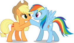 Size: 11011x6452 | Tagged: safe, artist:famousmari5, imported from derpibooru, applejack, rainbow dash, earth pony, pegasus, pony, non-compete clause, absurd resolution, cowboy hat, cutie mark, duo, hat, hoofbump, simple background, stetson, transparent background, vector