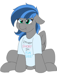 Size: 768x1024 | Tagged: safe, artist:littlebibbo, derpibooru exclusive, imported from derpibooru, oc, oc:bibbo, pegasus, pony, :t, angry, clothes, ear down, female, floppy ears, freckles, in denial, mare, one ear down, shirt, short, simple background, sitting, t-shirt, wings