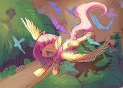 Size: 2600x1850 | Tagged: safe, artist:leafywind, imported from derpibooru, fluttershy, bird, pegasus, pony, female, flying, forest, mare, solo