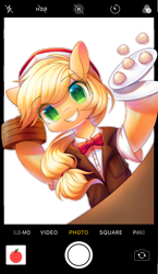 Size: 1933x3325 | Tagged: safe, artist:leafywind, imported from derpibooru, applejack, earth pony, semi-anthro, bao, bowtie, camera shot, clothes, cute, female, food, jackabetes, phone, plate, solo, starry eyes, waitress, wingding eyes