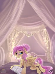 Size: 592x790 | Tagged: safe, artist:laurabaggins, imported from derpibooru, fluttershy, pegasus, pony, alternate hairstyle, bed, book, female, floppy ears, hair bun, lidded eyes, looking at you, mare, prone, signature, solo