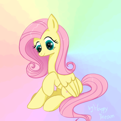 Size: 720x720 | Tagged: safe, imported from derpibooru, fluttershy, pegasus, pony, cute, female, gradient background, mare, raised hoof, shyabetes, sitting, smiling, solo, sparkling eyes, sparkly eyes