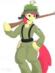 Size: 1800x2400 | Tagged: safe, artist:rockhoppr3, imported from derpibooru, apple bloom, semi-anthro, arm hooves, clothes, colored, dog tags, female, gun, helmet, hoof hands, rifle, signature, simple background, sniper rifle, solo, uniform, weapon, world war ii