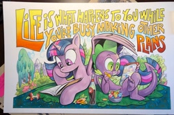 Size: 2048x1361 | Tagged: safe, artist:andypriceart, idw, imported from derpibooru, spike, twilight sparkle, alicorn, dragon, pony, spoiler:comic, apple, batman, book, claws, comic, cute, female, food, gem, john lennon, male, mare, reading, relaxing, soda, spikabetes, spikelove, superman, toes, traditional art, twiabetes, twilight sparkle (alicorn), winged spike, wings, wonder woman