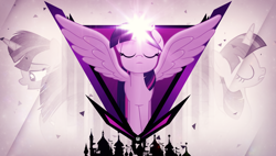 Size: 3840x2180 | Tagged: safe, artist:drakesparkle44, artist:jhayarr23, artist:theshadowstone, edit, imported from derpibooru, twilight sparkle, alicorn, canterlot, concentrating, eyes closed, female, looking down, magic, mare, movie accurate, particles, profile, show accurate, silhouette, spread wings, twilight sparkle (alicorn), vector, wallpaper, wallpaper edit, wings