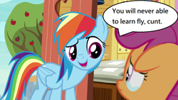 Size: 1280x720 | Tagged: safe, edit, edited screencap, imported from derpibooru, screencap, rainbow dash, scootaloo, pegasus, pony, the last crusade, abuse, background pony strikes again, cruel, cunt, downvote bait, duo, female, filly, grammar error, harsher in hindsight, mare, mouthpiece, op is a duck, op is trying to start shit, out of character, rainbow douche, sad, scootabuse, teary eyes, vulgar