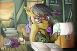 Size: 3600x2400 | Tagged: safe, artist:kenisu-of-dragons, imported from derpibooru, a.k. yearling, daring do, pegasus, pony, a.k. yearling's cottage, book, clothes, door, dress, featured image, female, glasses, hat, high res, hoof on chin, open door, paper, solo, thinking, typewriter, watermark