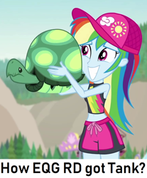 Size: 864x1044 | Tagged: safe, edit, edited screencap, imported from derpibooru, screencap, rainbow dash, tank, aww... baby turtles, equestria girls, equestria girls series, belly button, clothes, cropped, duo, question, rainbow dash's beach shorts swimsuit, swimsuit