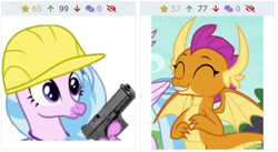 Size: 435x238 | Tagged: safe, imported from derpibooru, silverstream, smolder, derpibooru, non-compete clause, gun, juxtaposition, meta, weapon