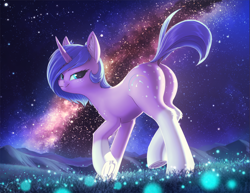 Size: 1650x1275 | Tagged: safe, alternate version, artist:shydale, imported from derpibooru, imported from ponybooru, oc, oc only, oc:startrail, pony, unicorn, butt, coat markings, dappled, dock, ear fluff, ears, female, freckles, galaxy, looking back, mare, night, night sky, plot, raised hoof, raised leg, raised tail, scenery, scenery porn, sky, smug, socks (coat marking), socks (coat markings), solo, spots, stars, tail