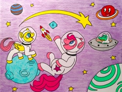 Size: 3482x2643 | Tagged: safe, imported from derpibooru, fluttershy, gummy, pinkie pie, earth pony, pegasus, pony, asteroid, astronaut, astronaut pinkie, floating, flying saucer, happy, moon, planet, rocket, shooting star, space, spacesuit, stars, traditional art